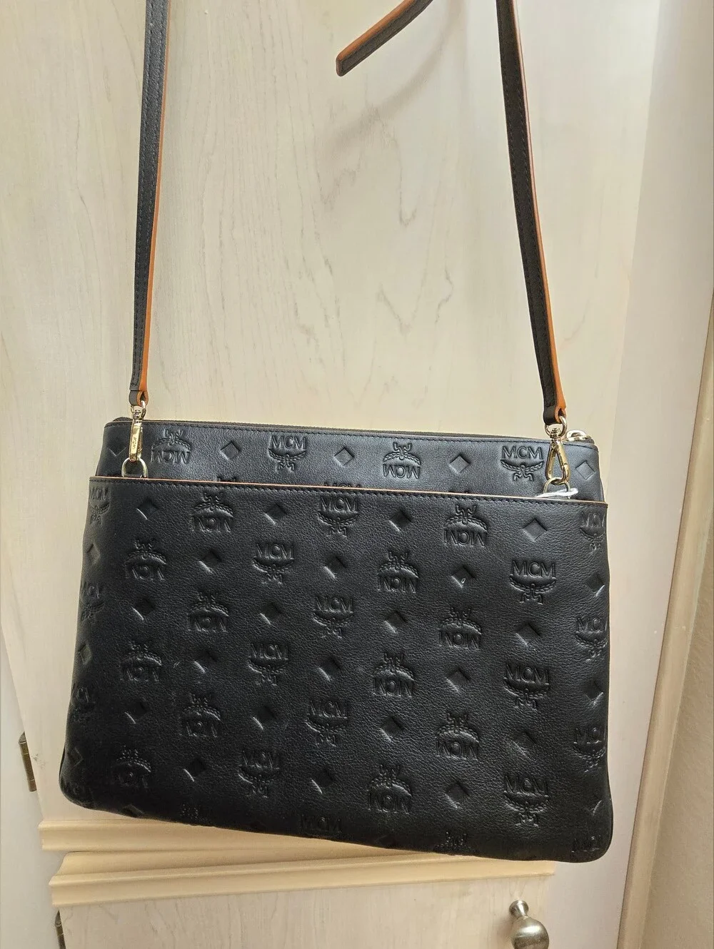 MCM Black Leather Embossed Crossbody with Tan Strap